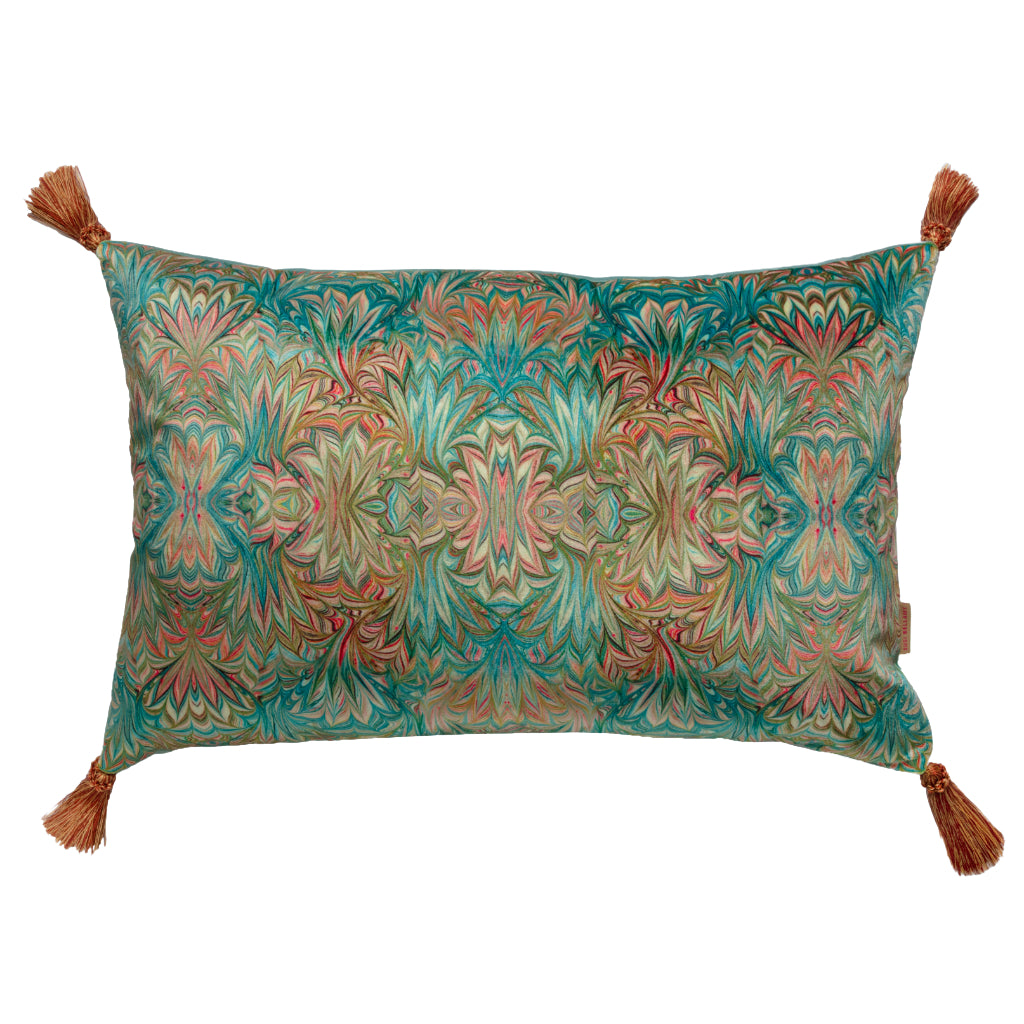 Turquoise Palm Luxury Velvet Tasselled Cushion Susi Bellamy