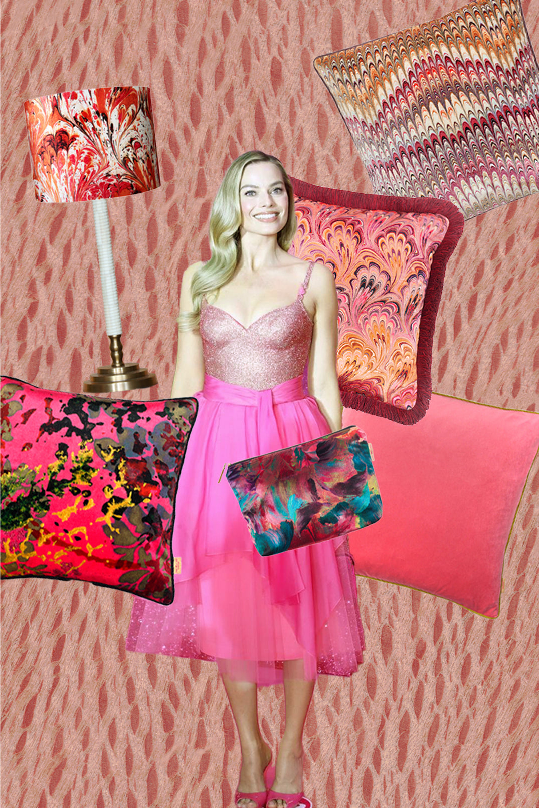 Margot Robbie as Barbie in a pink tulle dress against some velvet cushions in different pink shades