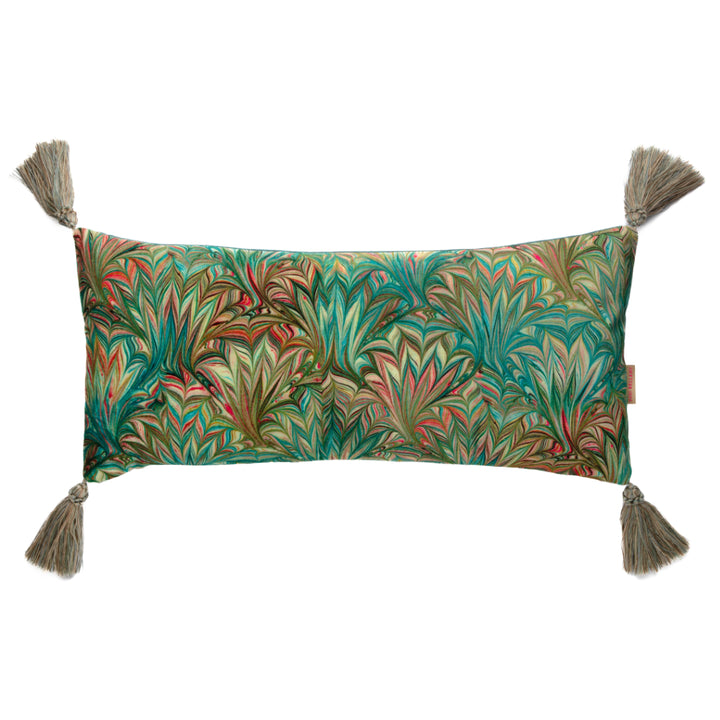 Tasselled Turquoise Palm Velvet Medium Oblong Cushion