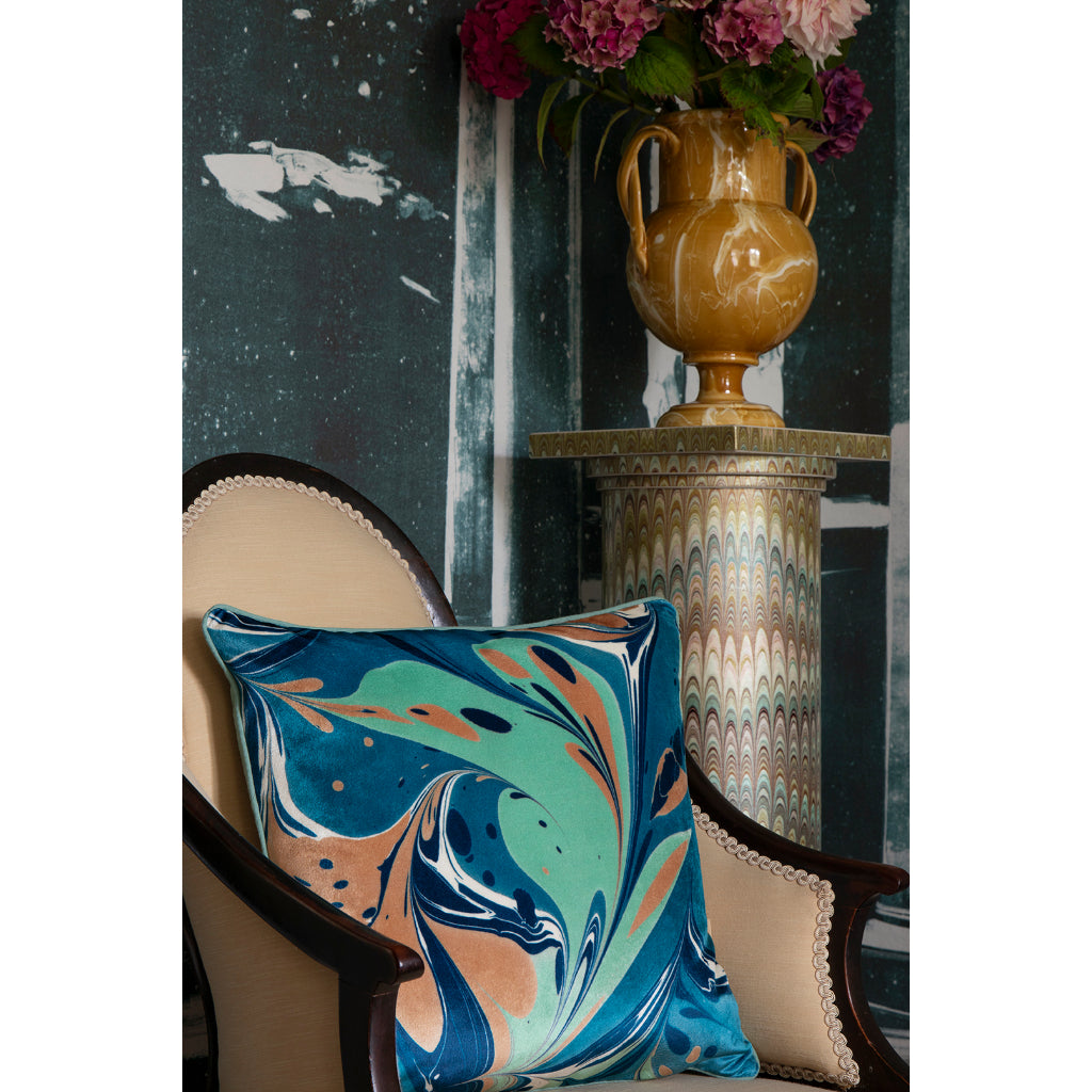 Teal Clay Placard Velvet Square Cushion
