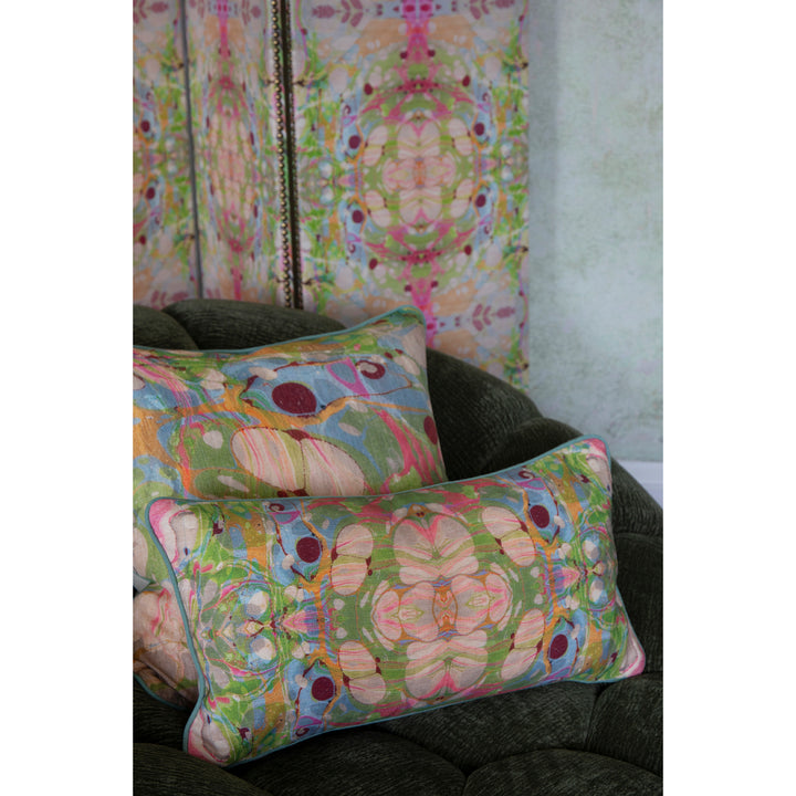 Beige Ripple Kaleidoscope Marbled Linen Medium Oblong Cushion