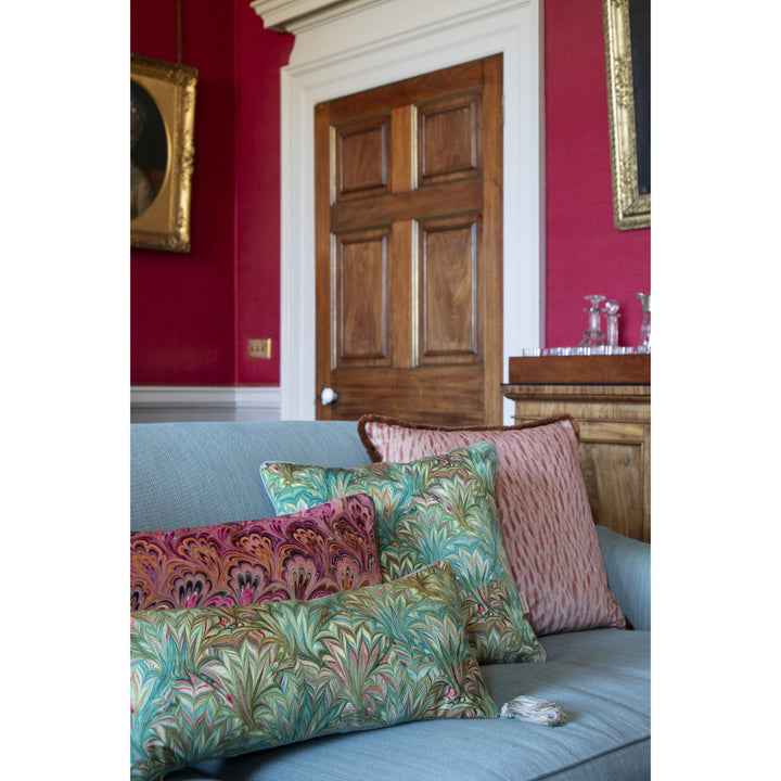 Tasselled Turquoise Palm Velvet Medium Oblong Cushion