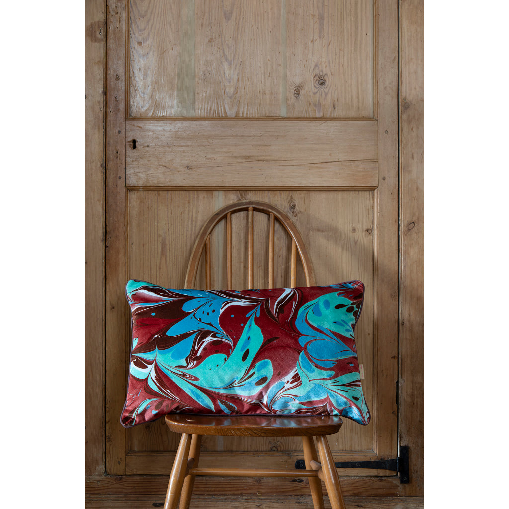 Brick Aqua Placard Velvet Large Oblong Cushion