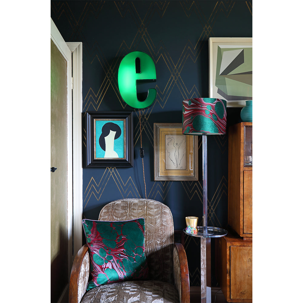 Patterned velvet cushion on vintage chair with matching lampshade