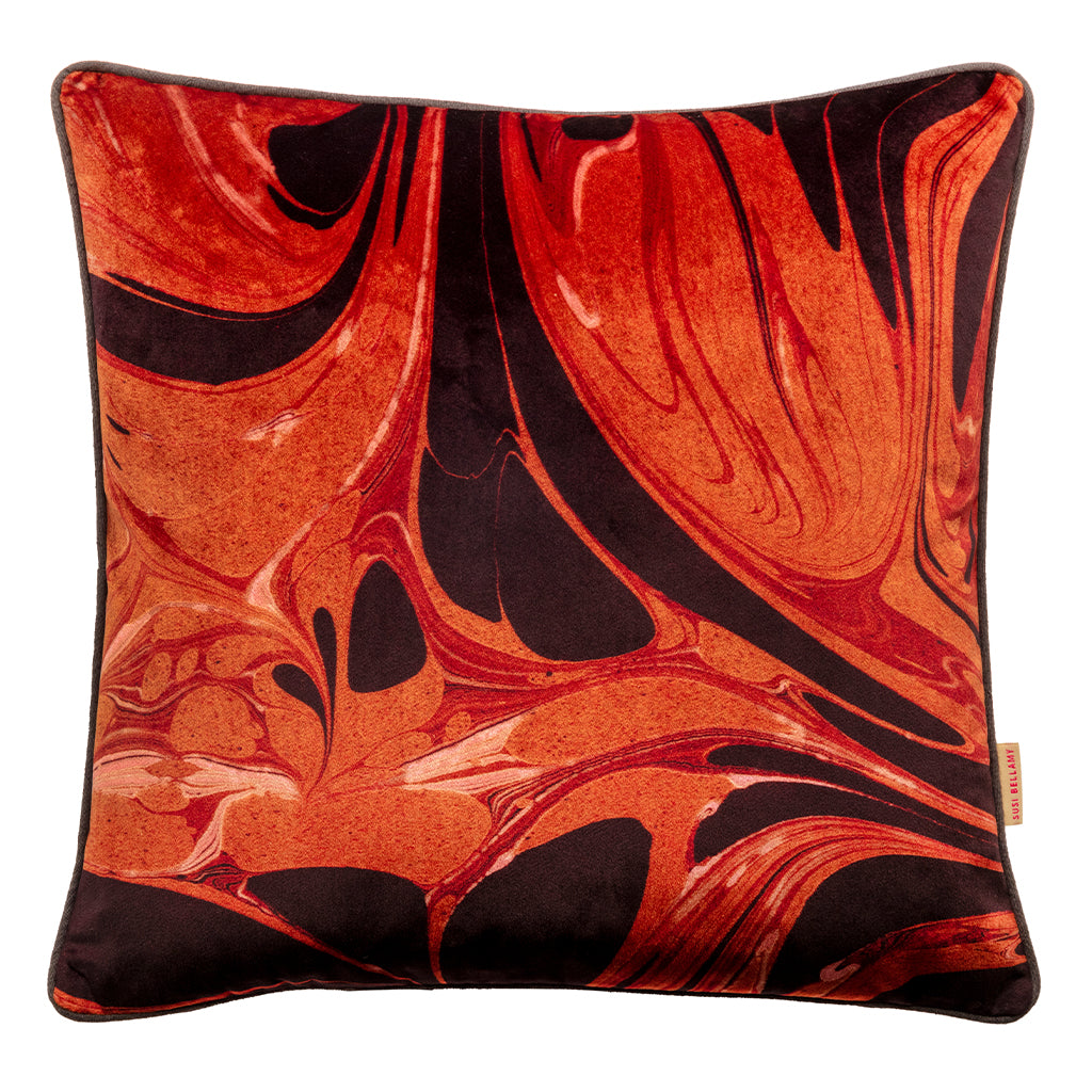 Orange patterned velvet cushion 