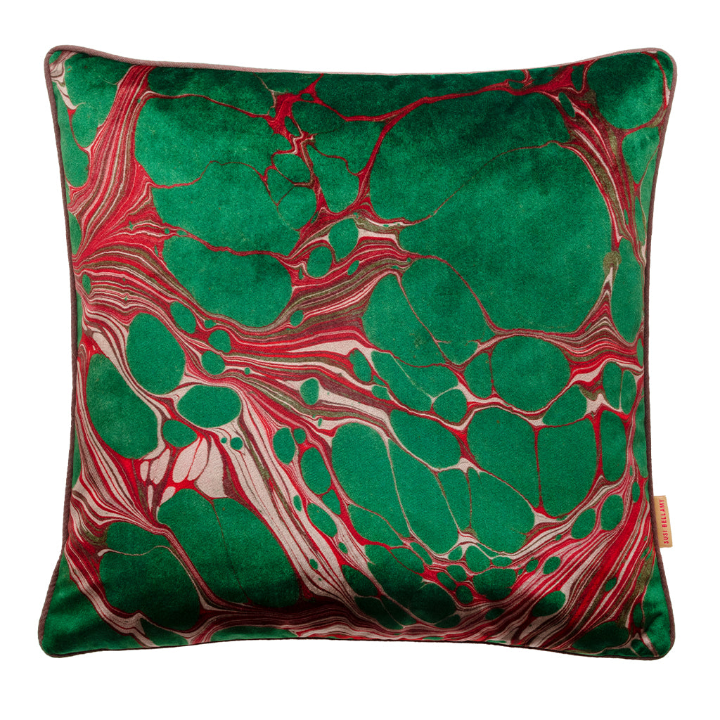 Green and red velvet cushion