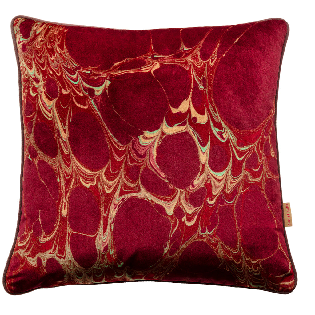 Red patterned velvet cushion
