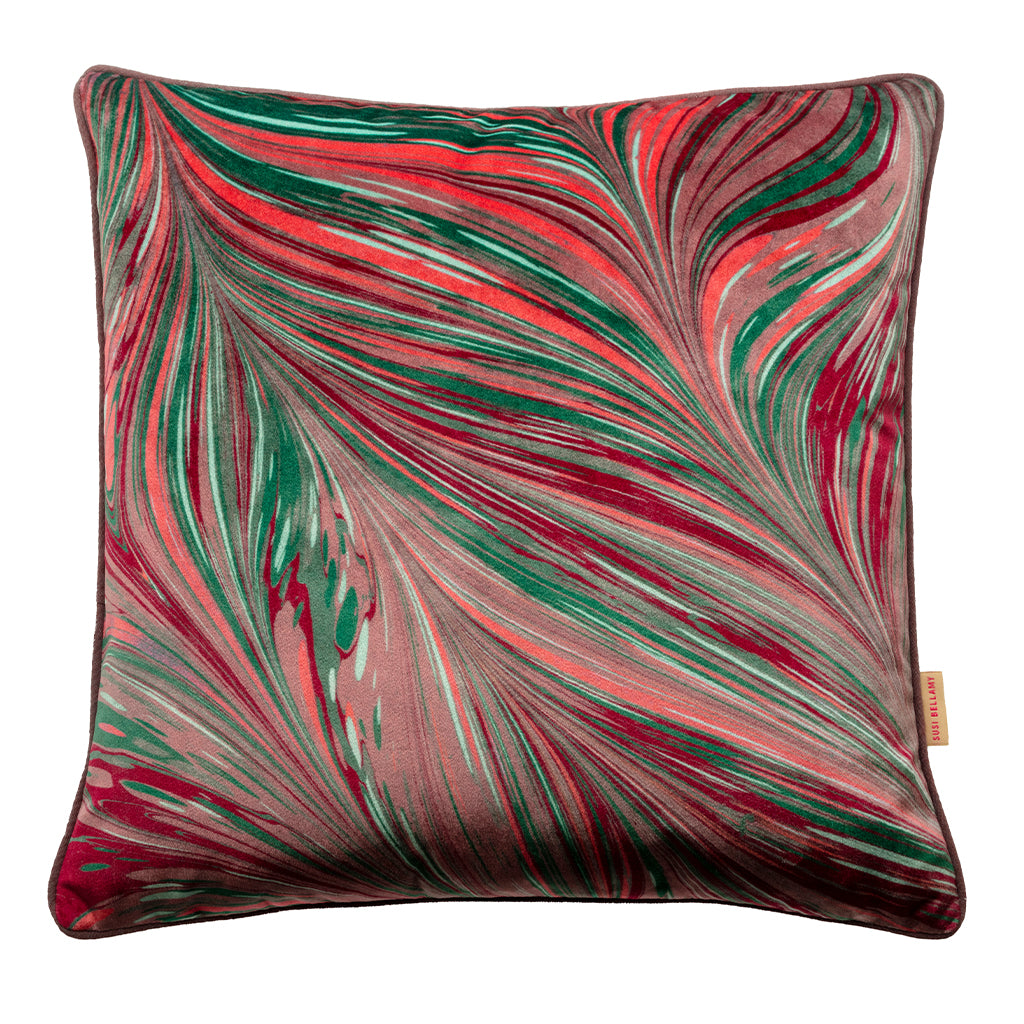 Pink and teal velvet patterned cushion