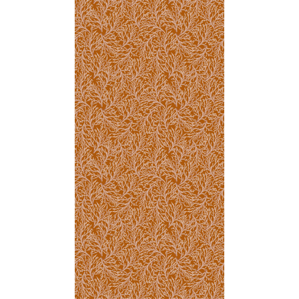 Amber orange and beige coral patterned wallpaper on a white background