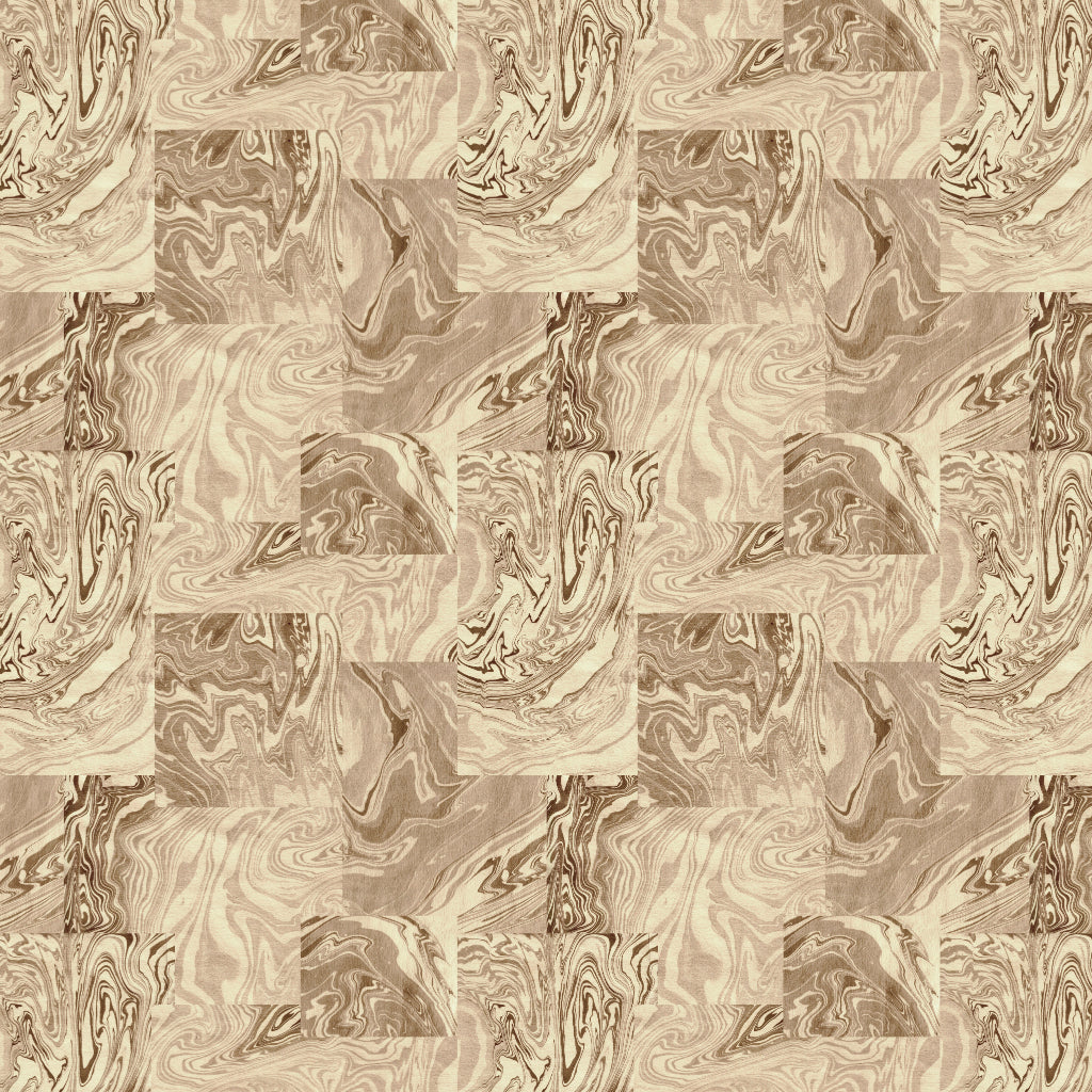 Marbled patterned linen fabric with swirling design in shades of brown, beige and cream