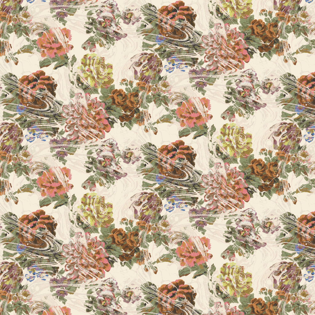 Floral patterned fabric with green foliage and yellow, pink and red flowers on a beige marbled background