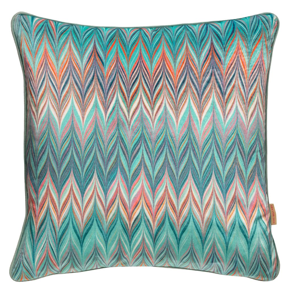 A square decorative throw pillow featuring a vibrant, multicolored chevron pattern with teal, pink, orange, and cream stripes, shown against a plain white background.