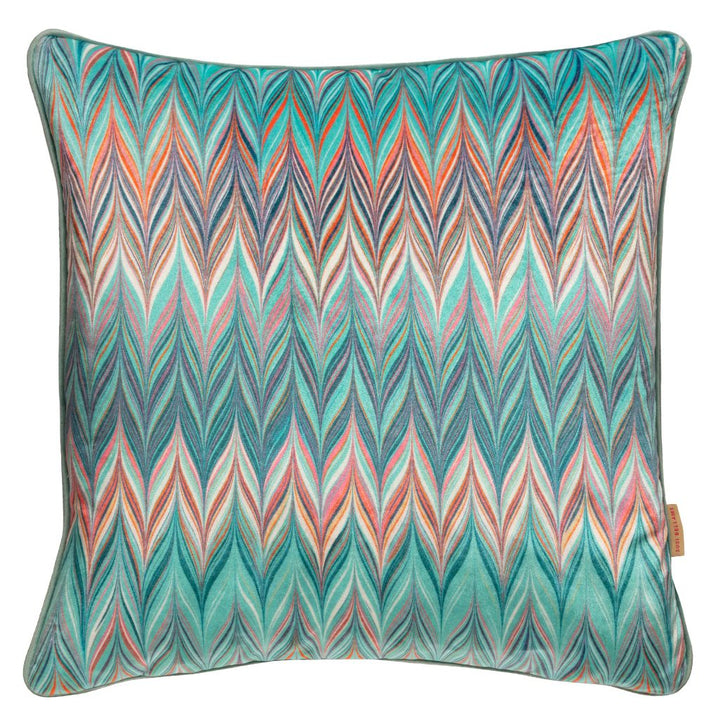 A square decorative throw pillow featuring a vibrant, multicolored chevron pattern with teal, pink, orange, and cream stripes, shown against a plain white background.