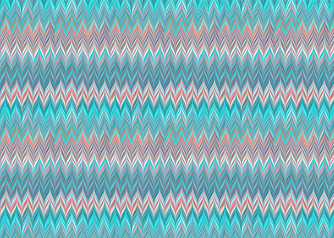 A seamless chevron pattern featuring horizontal zig-zag stripes  in shades of blue, teal, coral, and white