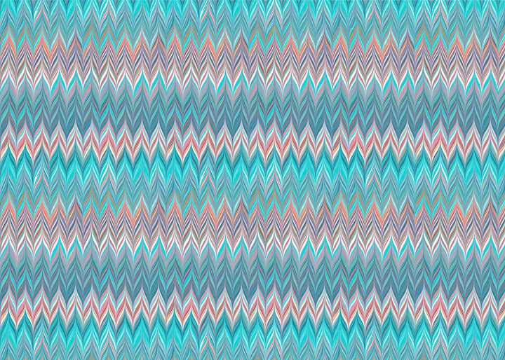 A seamless chevron pattern featuring horizontal zig-zag stripes  in shades of blue, teal, coral, and white