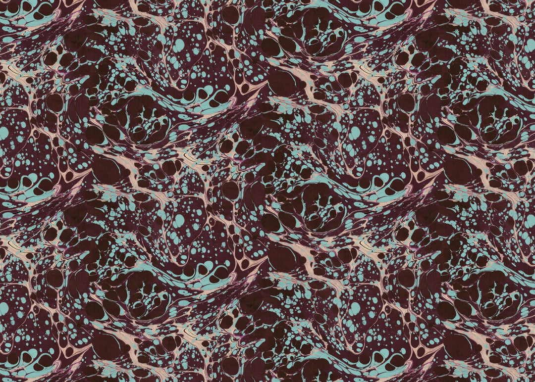 An abstract marbled pattern with swirling dark brown, black, and dusty pink veins mixed with light aqua blue spots and streaks