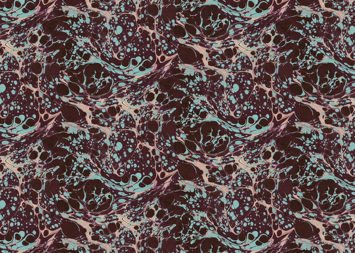 An abstract marbled pattern with swirling dark brown, black, and dusty pink veins mixed with light aqua blue spots and streaks