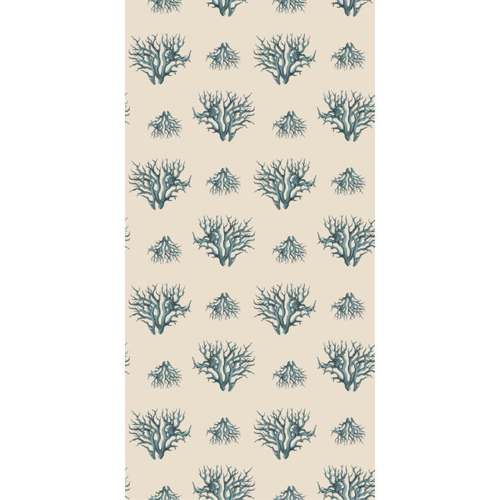 Pattern of blue coral designs on a beige background