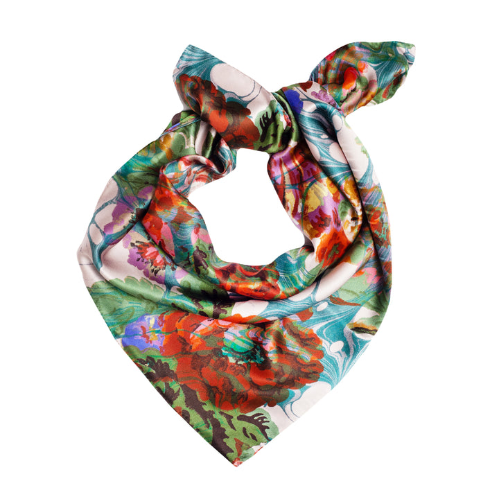 Blue Rose Marbled Square Silk Satin Scarf