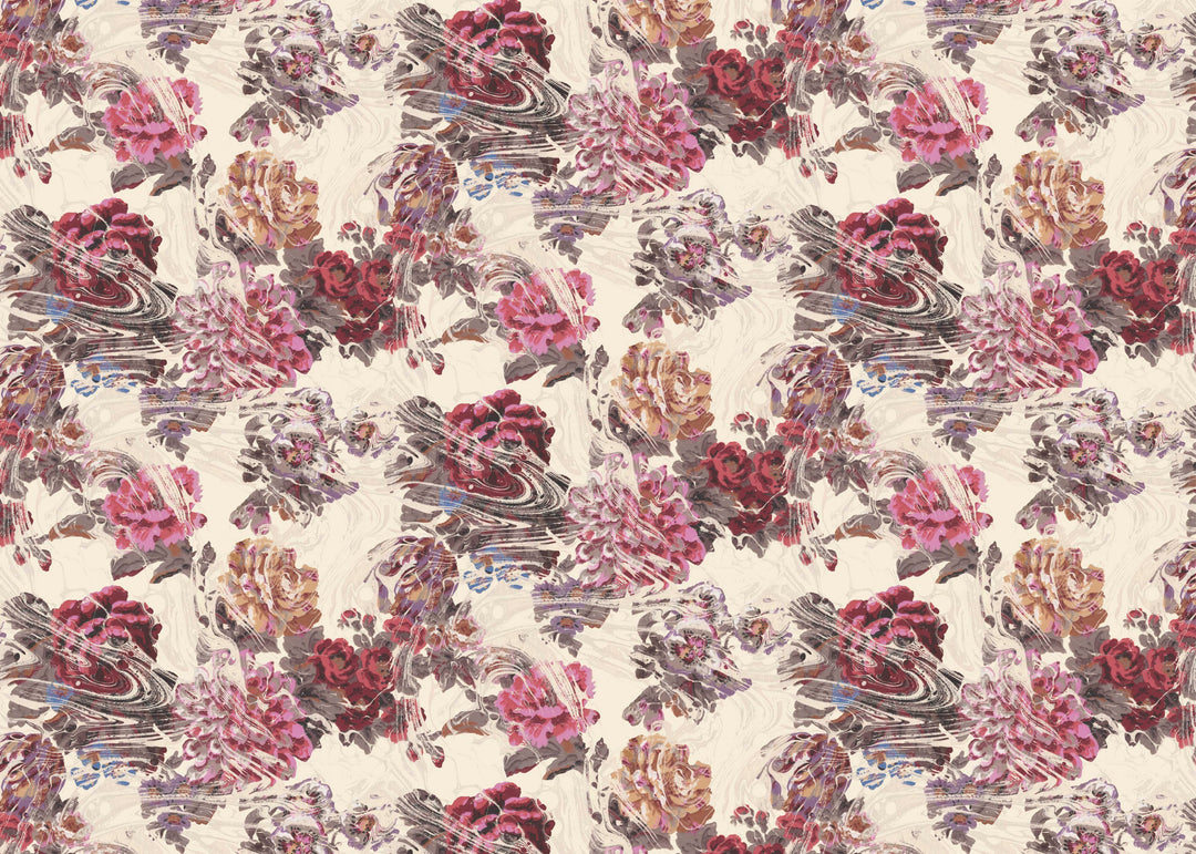Floral patterned fabric with pink and purple flowers on a beige marbled background