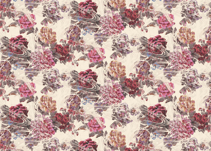 Floral patterned fabric with pink and purple flowers on a beige marbled background