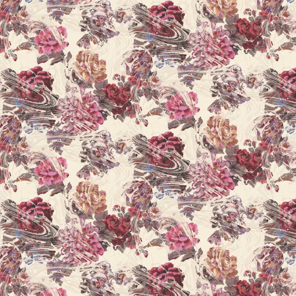 Floral patterned fabric with pink and purple flowers on a beige marbled background