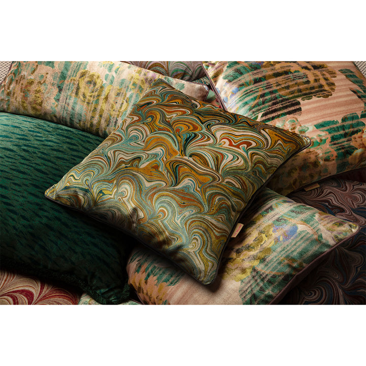 Selection of upscale throw pillows, Celadon Bendy Bouquet, Yellow Stripy Rose and Spruce Veneer luxury pillows