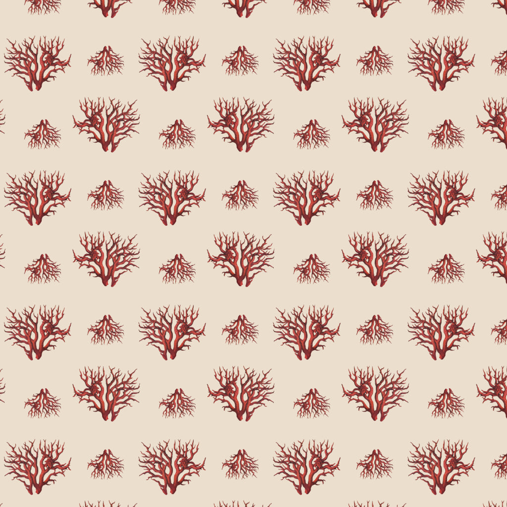 Pattern of red coral shapes on a beige background