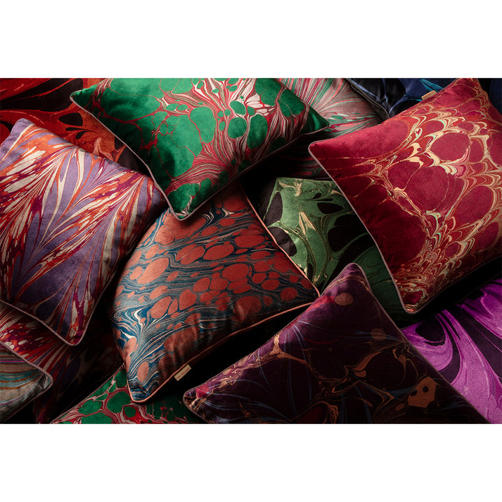 Array of patterned velvet scatter cushions