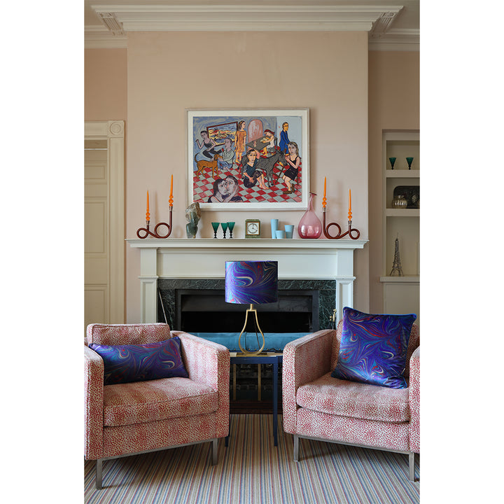 Blue velvet lampshade and matching cushions