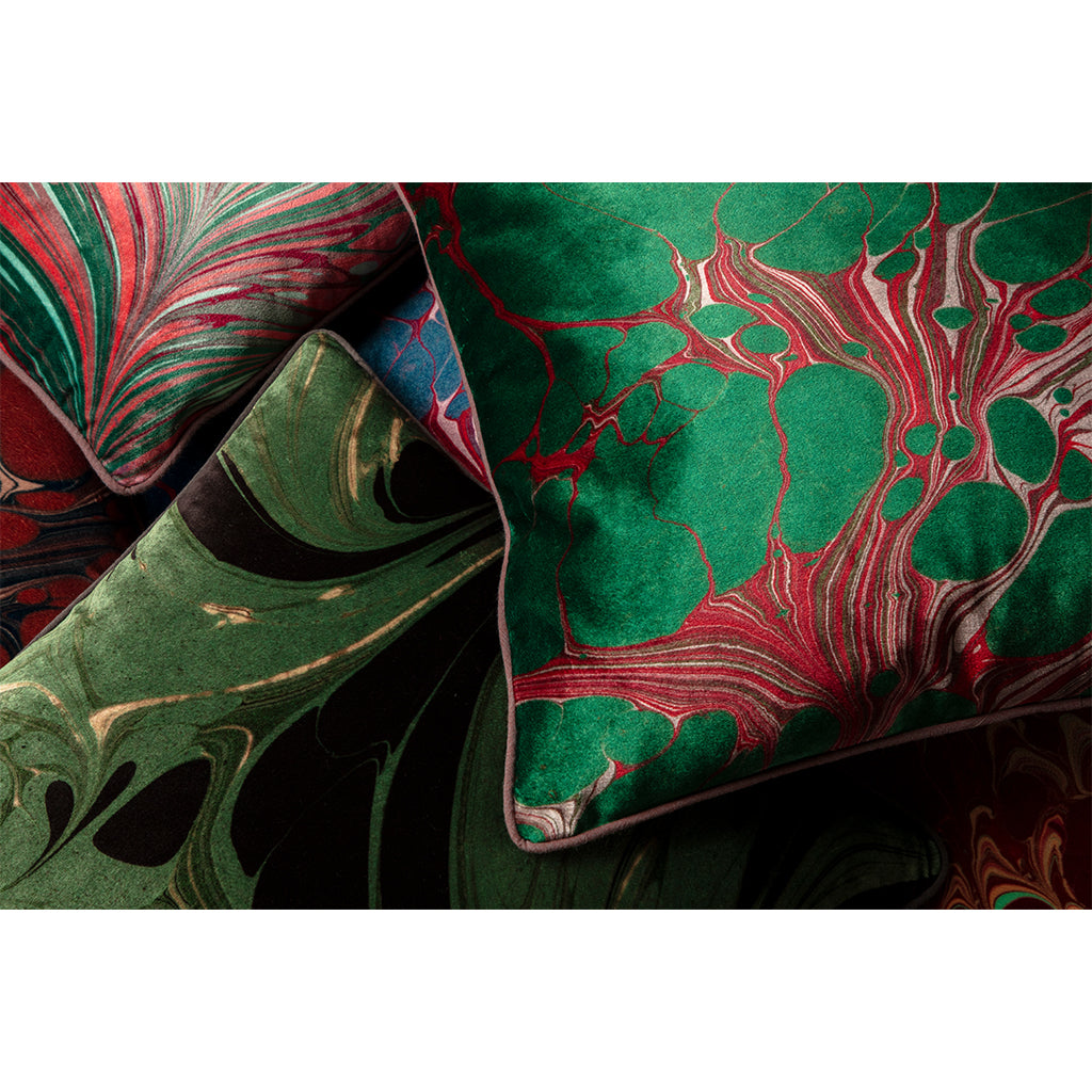 Close up view of green velvet cushion