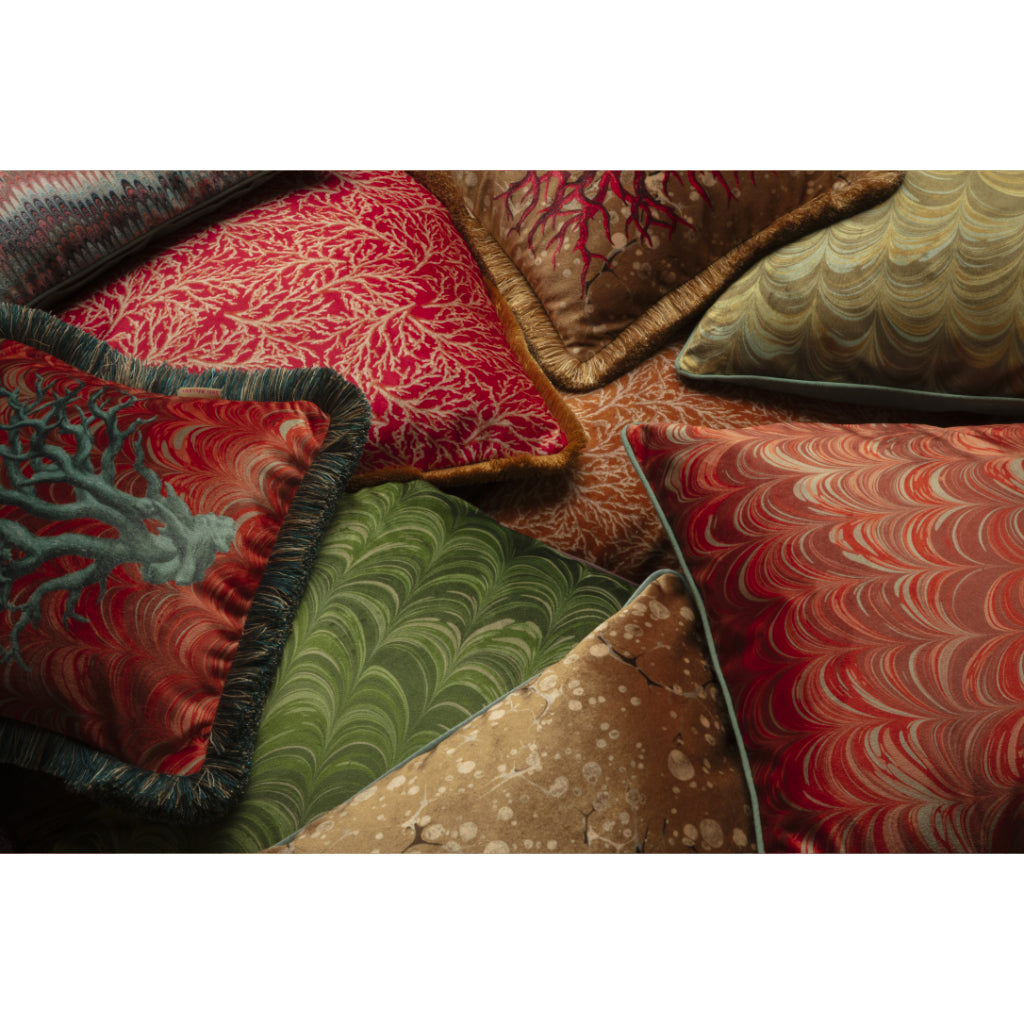 Ruched Poppy Coral Velvet Large Square Cushion