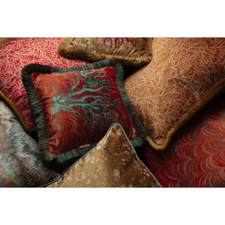 Ruched Amber Coral Velvet Large Square Cushion