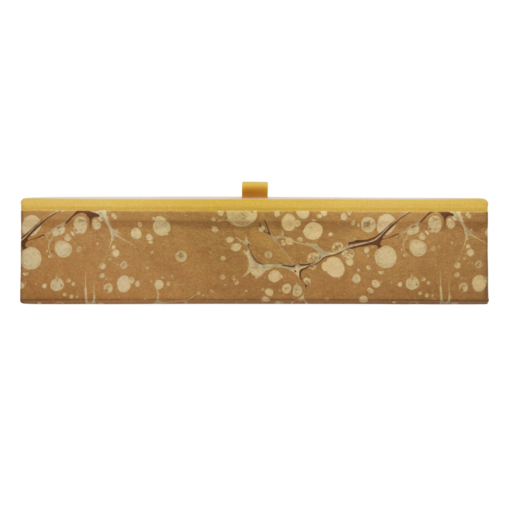 Gold, beige and brown patterned box file on a white background