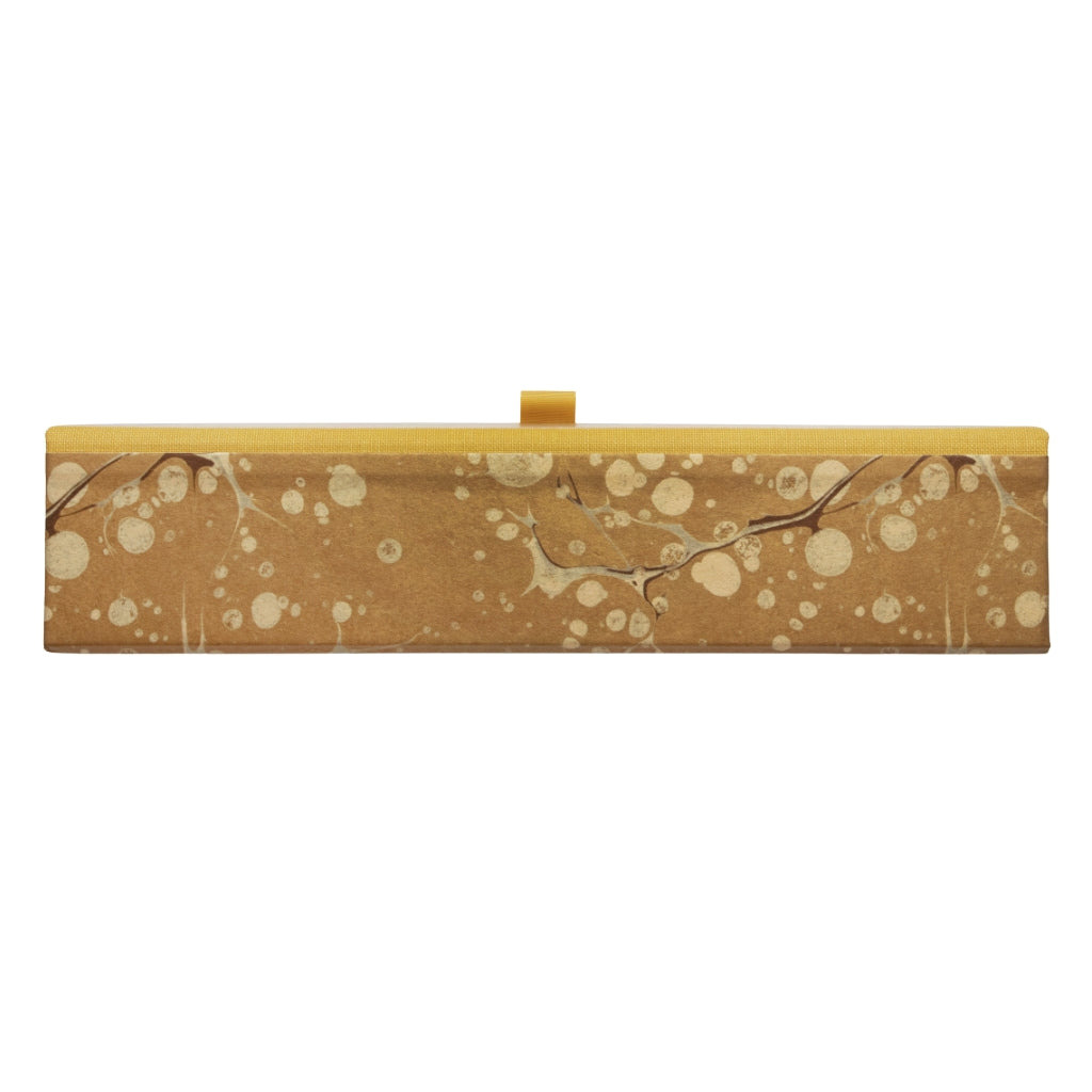 Gold, beige and brown patterned box file on a white background