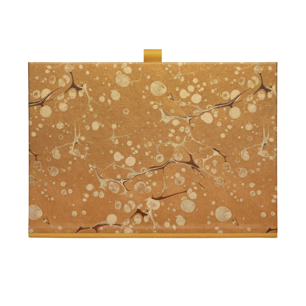 Gold, beige and brown patterned box file on a white background