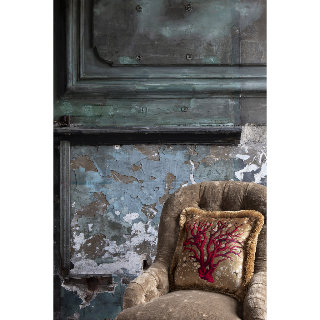 Ruched Gold Honesty Coral Velvet Extra Small Square Cushion