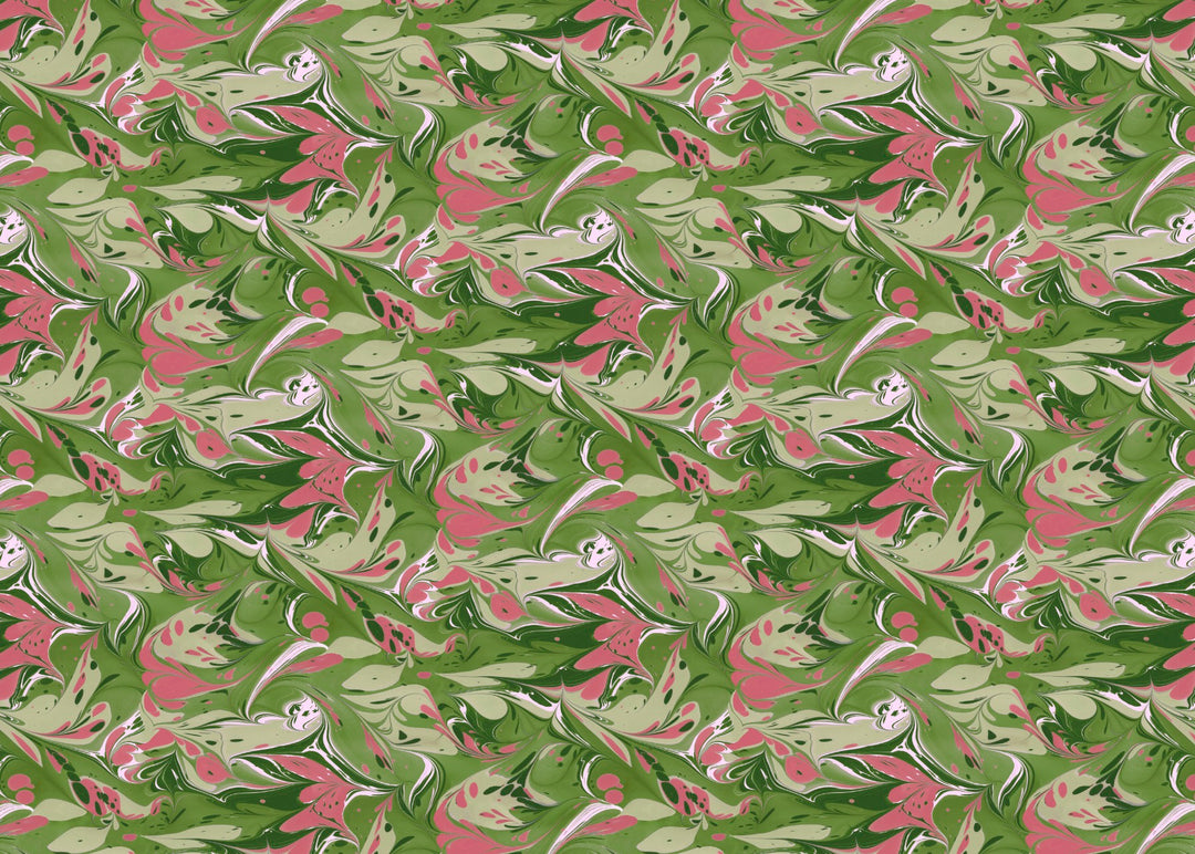 A marbled pattern shades of pink, green, and white on a dark green background.