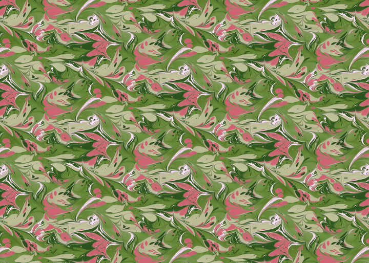 A marbled pattern shades of pink, green, and white on a dark green background.