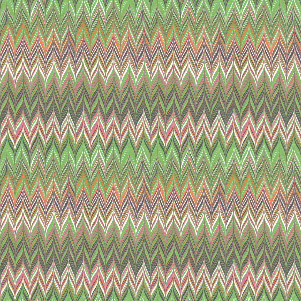 A chevron pattern featuring repeating zigzag stripes in shades of green, beige, pink, brown, and gray