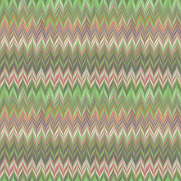 A chevron pattern featuring repeating zigzag stripes in shades of green, beige, pink, brown, and gray