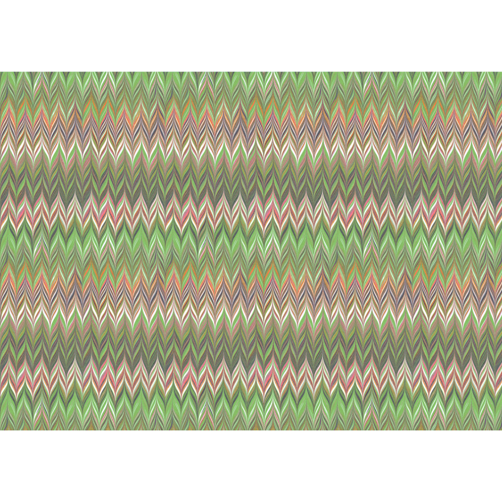 A close-up of a repeating chevron pattern with horizontal zigzag stripes in multiple colors, including green, pink, beige, gray, and purple, centered on a white background.