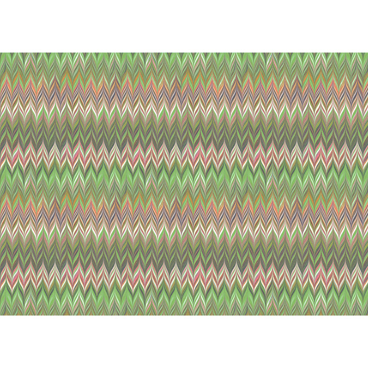 A close-up of a repeating chevron pattern with horizontal zigzag stripes in multiple colors, including green, pink, beige, gray, and purple, centered on a white background.