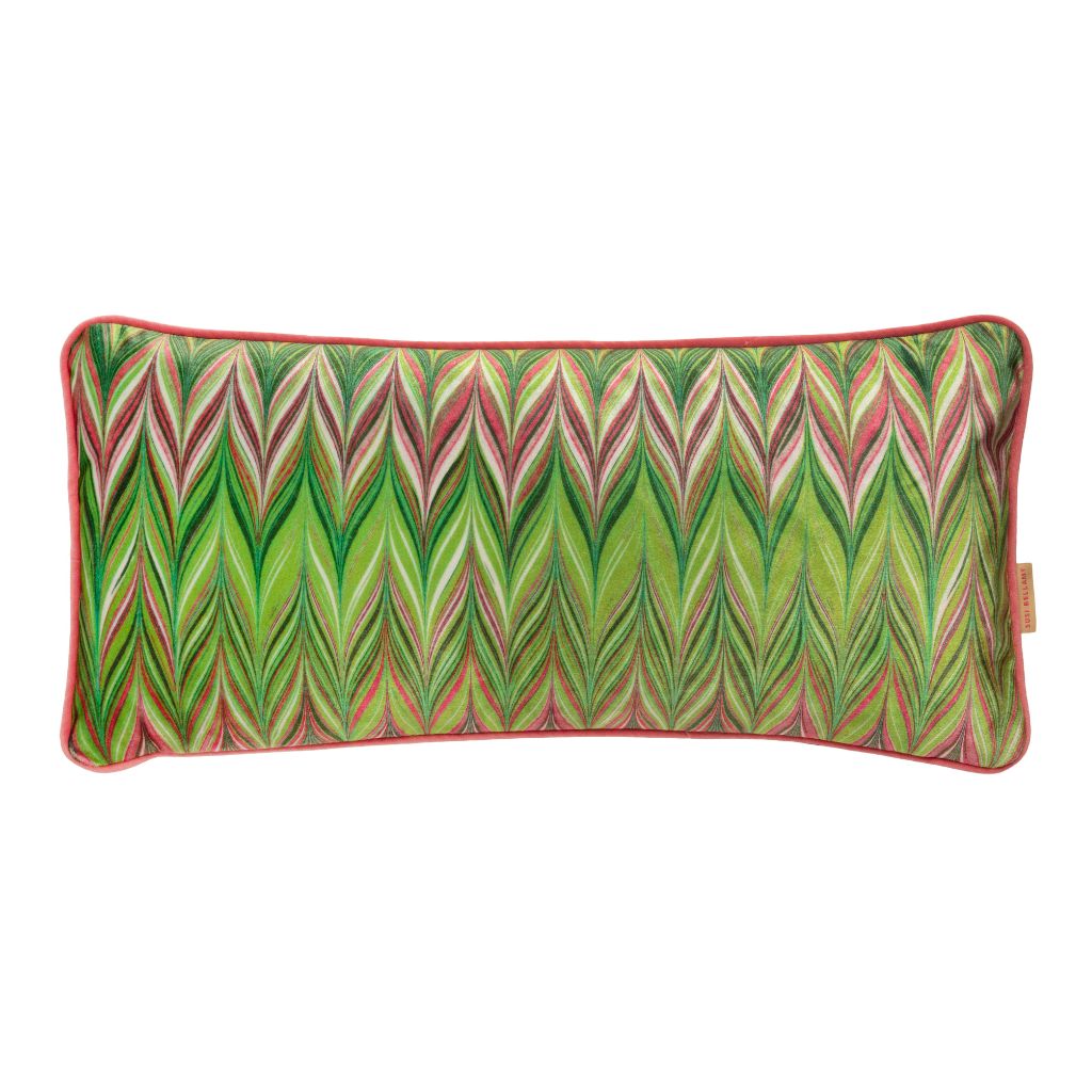 A rectangular lumbar pillow featuring a vibrant green and pink chevron pattern with a solid pink border, shown against a plain white background.