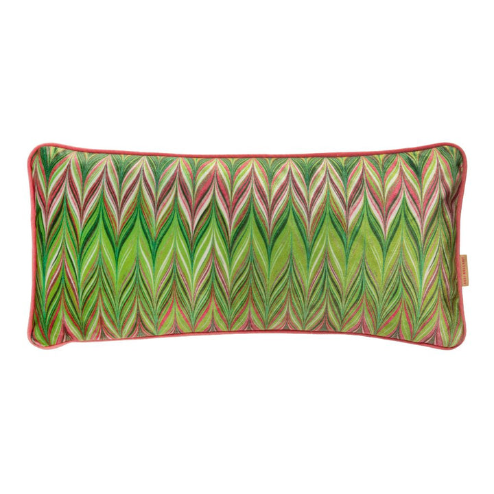 A rectangular lumbar pillow featuring a vibrant green and pink chevron pattern with a solid pink border, shown against a plain white background.
