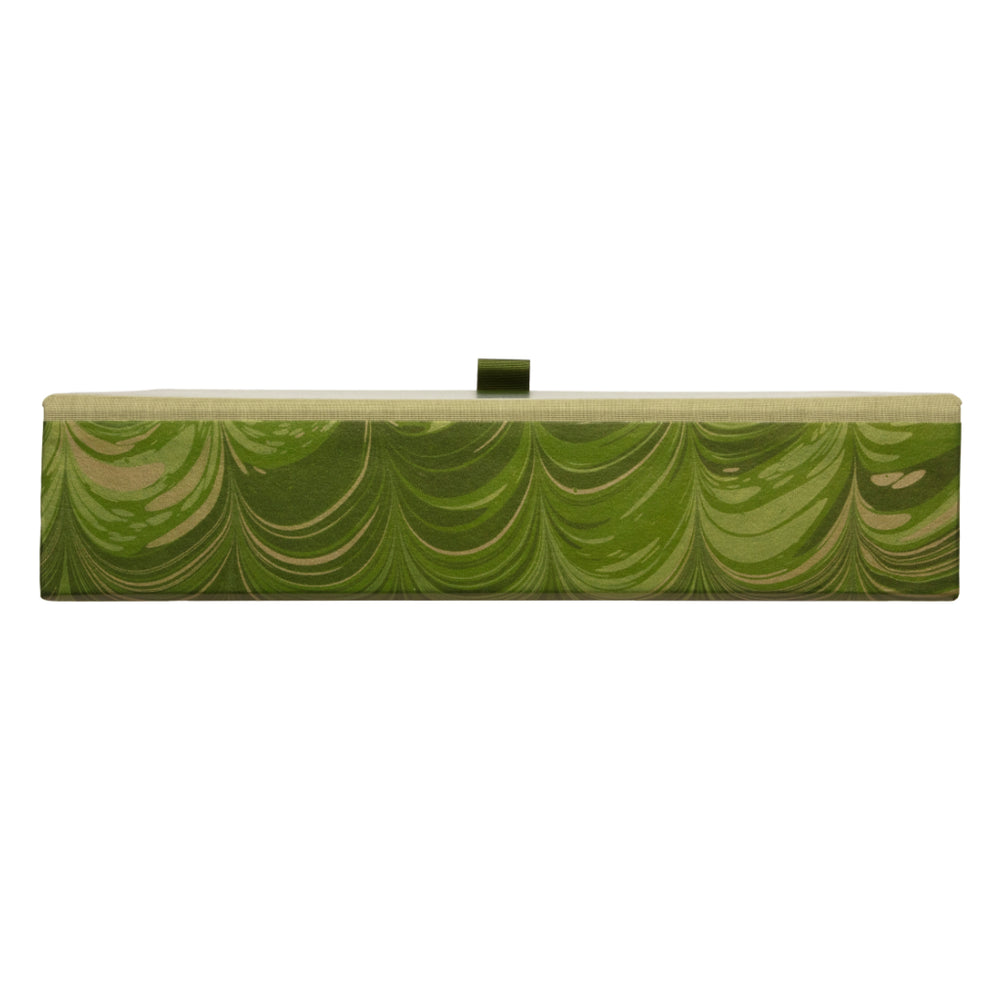Green marbled patterned box file on a white background