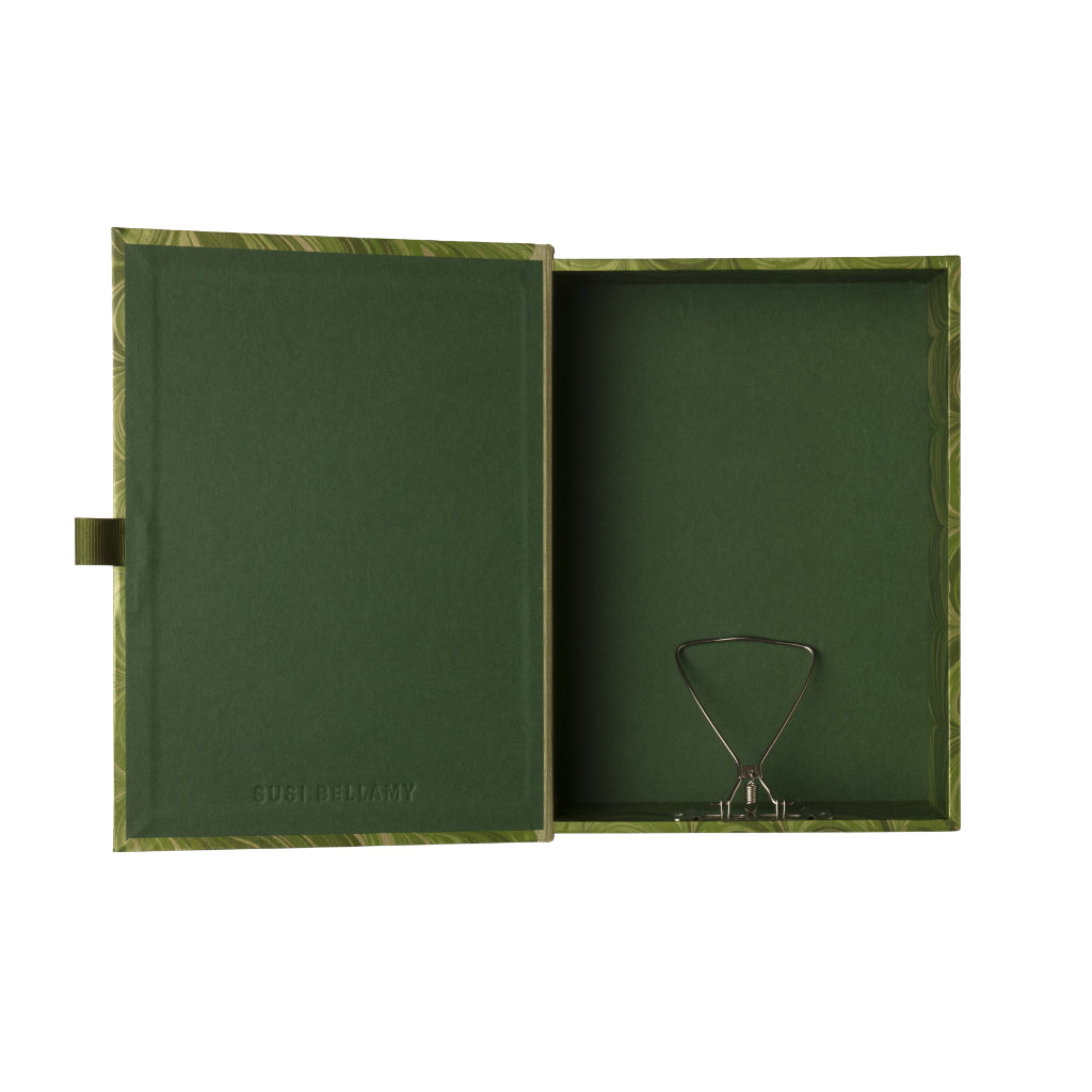 Green marbled patterned box file on a white background