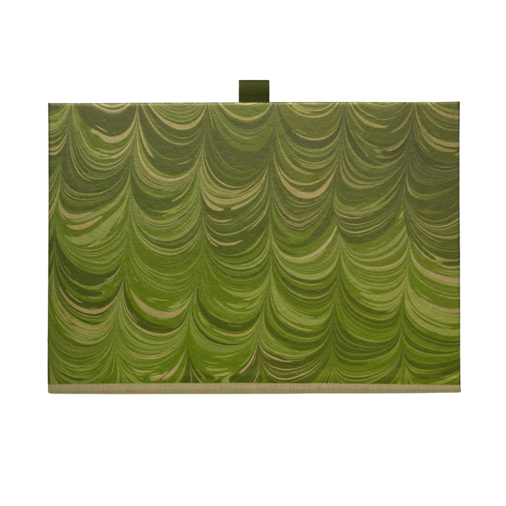 Green marbled patterned box file on a white background