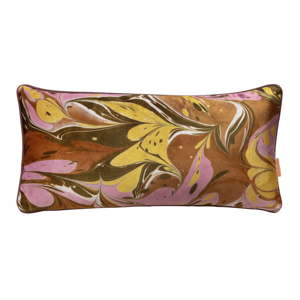 A rectangular lumbar pillow featuring a marbled pattern in brown, gold, pink, and cream, shown against a plain white background.