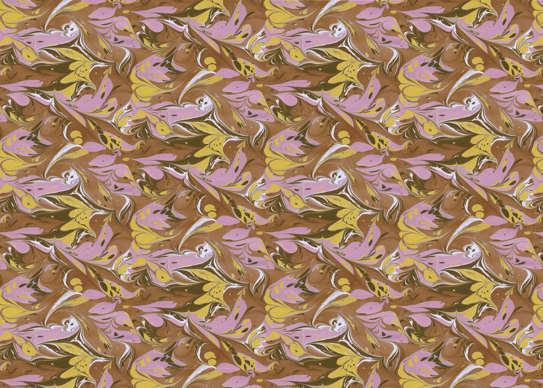 A seamless repeating pattern featuring stylised swirling patterns in shades of lavender, mustard yellow, and brown with white highlights.